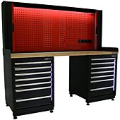 Kraftmeister établi 14 tiroirs avec LED et panneau arrière Chêne 200 cm noir